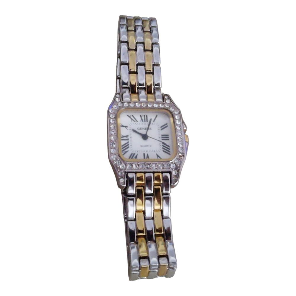 Vintage Geneva Womens Tank Watch Two Tone Silver Gold Crystal Bezel Art Deco